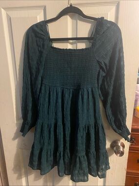 Smocked Square-Neck Long Sleeve Tiered Dress in Dark Teal